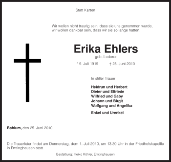 Traueranzeige von Erika Ehlers von KREISZEITUNG SYKE