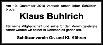 Traueranzeige von Klaus Buhlrich von KREISZEITUNG SYKE