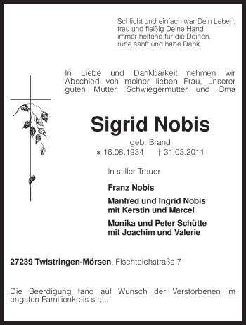 Traueranzeige von Sigrid Nobis von KREISZEITUNG SYKE