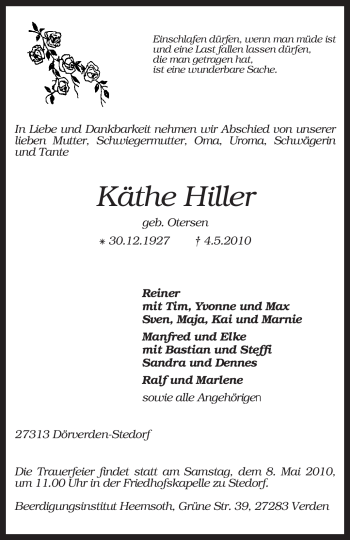 Traueranzeige von Käthe Hiller von KREISZEITUNG SYKE