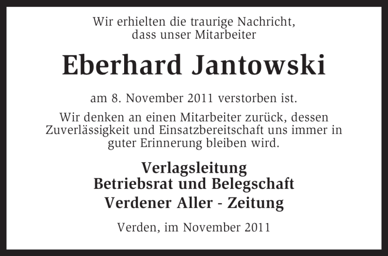  Traueranzeige für Eberhard Jantowski vom 19.11.2011 aus KREISZEITUNG SYKE