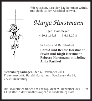 Traueranzeige von Marga Horstmann von KREISZEITUNG SYKE