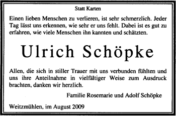 Traueranzeige von Ulrich Schöpke von KREISZEITUNG SYKE