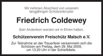 Traueranzeige von Friedrich Coldewey von KREISZEITUNG SYKE