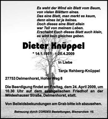 Traueranzeige von Dieter Knüppel von KREISZEITUNG SYKE