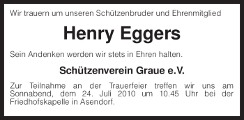 Traueranzeige von Henry Eggers von KREISZEITUNG SYKE