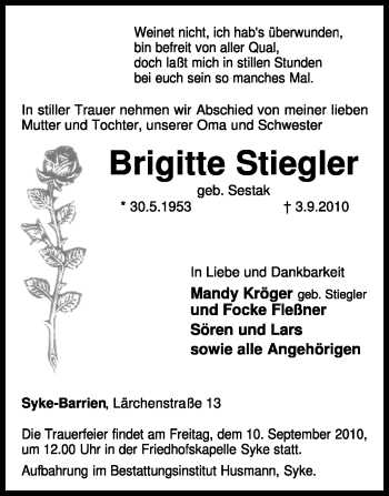 Traueranzeige von Brigitte Stiegler von KREISZEITUNG SYKE