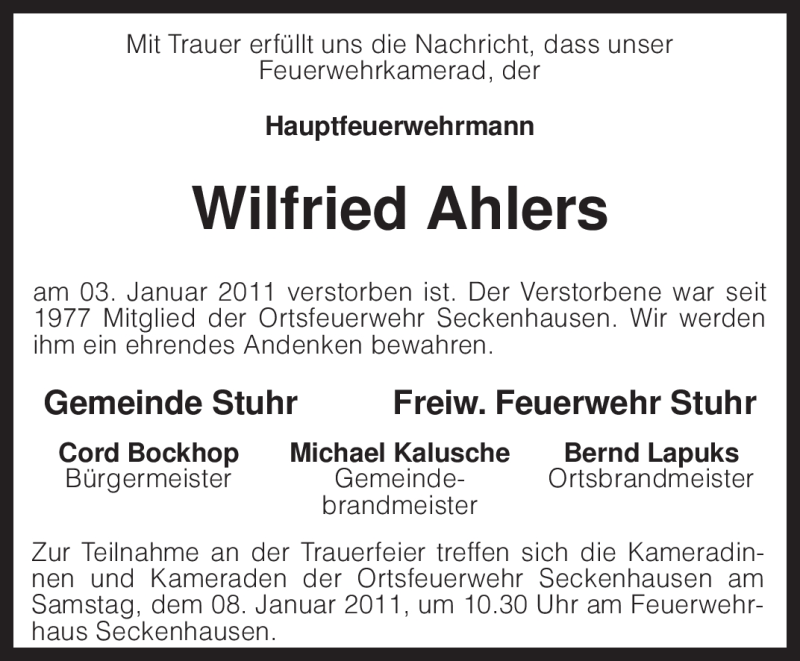  Traueranzeige für Wilfried Ahlers vom 07.01.2011 aus KREISZEITUNG SYKE