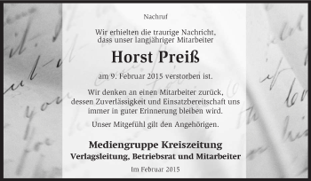 Traueranzeige von Horst Preiß von KRZ