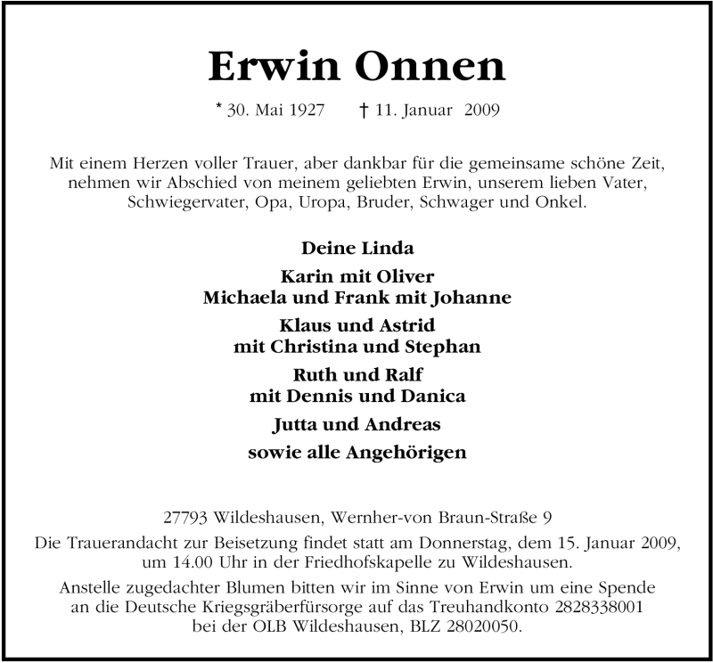  Traueranzeige für Erwin Onnen vom 13.01.2009 aus 