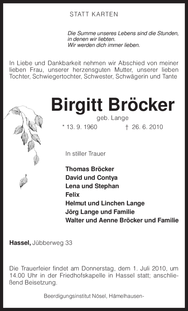  Traueranzeige für Birgitt Bröcker vom 29.06.2010 aus KREISZEITUNG SYKE