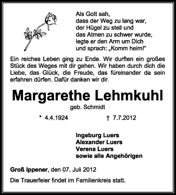 Traueranzeige von Margarethe Lehmkuhl von KREISZEITUNG SYKE