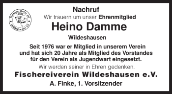 Traueranzeige von Heino Damme von KREISZEITUNG SYKE