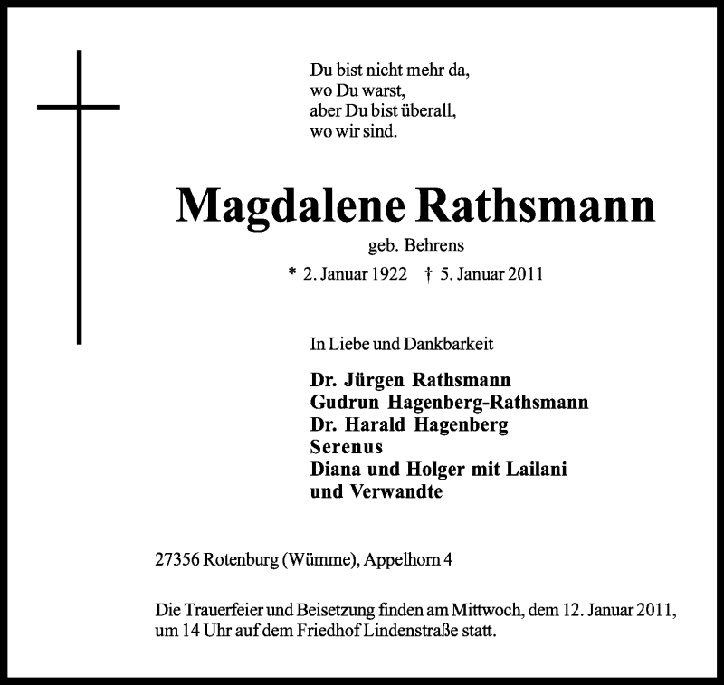  Traueranzeige für Magdalene Rathsmann vom 08.01.2011 aus KREISZEITUNG SYKE