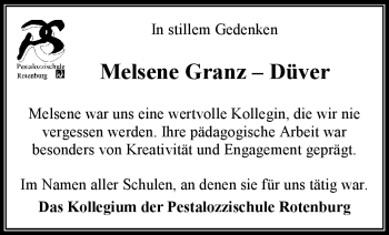 Traueranzeige von Melsene Granz-Düver von KREISZEITUNG SYKE