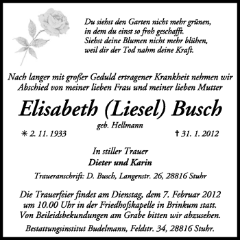 Traueranzeige von Elisabeth Busch von KREISZEITUNG SYKE