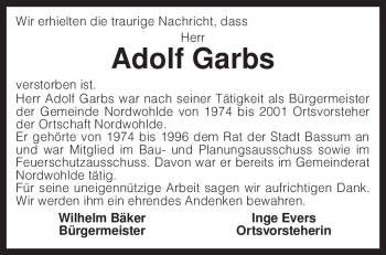 Traueranzeige von Adolf Garbs von KREISZEITUNG SYKE