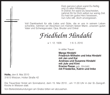 Traueranzeige von Friedhelm Hindahl von KREISZEITUNG SYKE