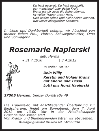 Traueranzeige von Rosemarie Napierski von KREISZEITUNG SYKE