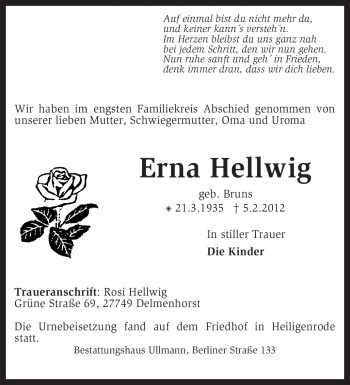 Traueranzeige von Erna Hellwig von KREISZEITUNG SYKE