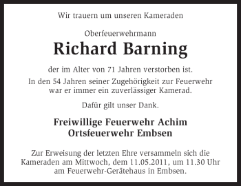 Traueranzeige von Richard Barning von KREISZEITUNG SYKE