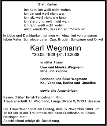 Traueranzeige von Karl Wegmann 