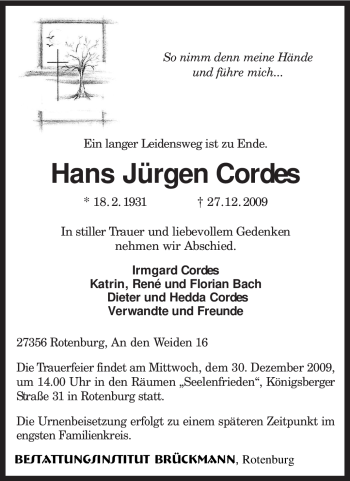 Traueranzeige von Hans Jürgen Cordes von KREISZEITUNG SYKE