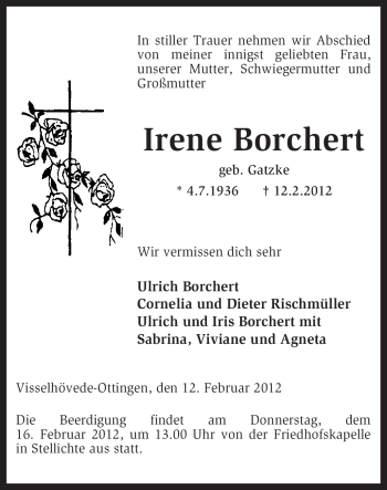 Traueranzeige von Irene Borchert von KREISZEITUNG SYKE