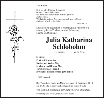 Traueranzeige von Julia Katharina Schlobohm von KREISZEITUNG SYKE