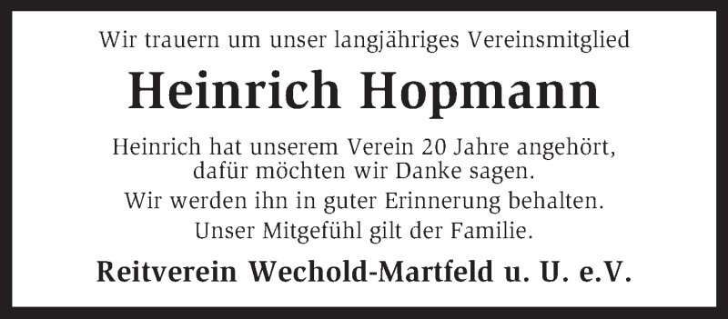  Traueranzeige für Heinrich Hopmann vom 11.03.2015 aus KRZ