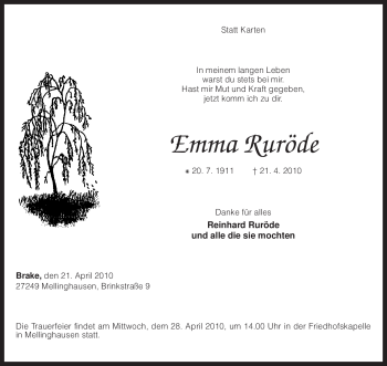 Traueranzeige von Emma Ruröde von KREISZEITUNG SYKE