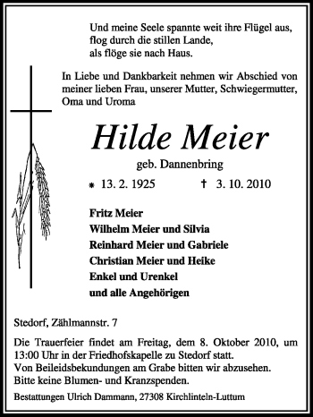 Traueranzeige von Hilde Meier von KREISZEITUNG SYKE