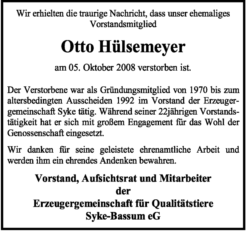  Traueranzeige für Otto Hülsemeyer vom 08.10.2008 aus KREISZEITUNG SYKE