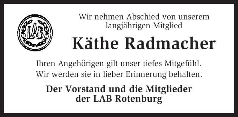  Traueranzeige für Käthe Radmacher vom 19.01.2010 aus KREISZEITUNG SYKE