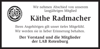 Traueranzeige von Käthe Radmacher von KREISZEITUNG SYKE