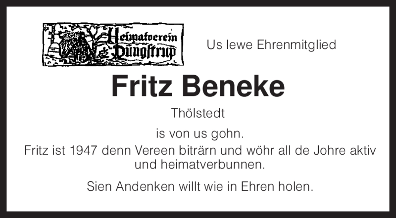  Traueranzeige für Fritz Beneke vom 27.12.2010 aus KREISZEITUNG SYKE