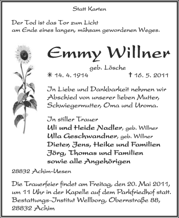 Traueranzeige von Emmy Willner von KREISZEITUNG SYKE