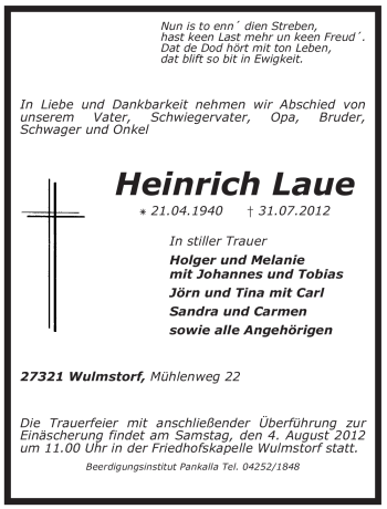 Traueranzeige von Heinrich Laue von KREISZEITUNG SYKE