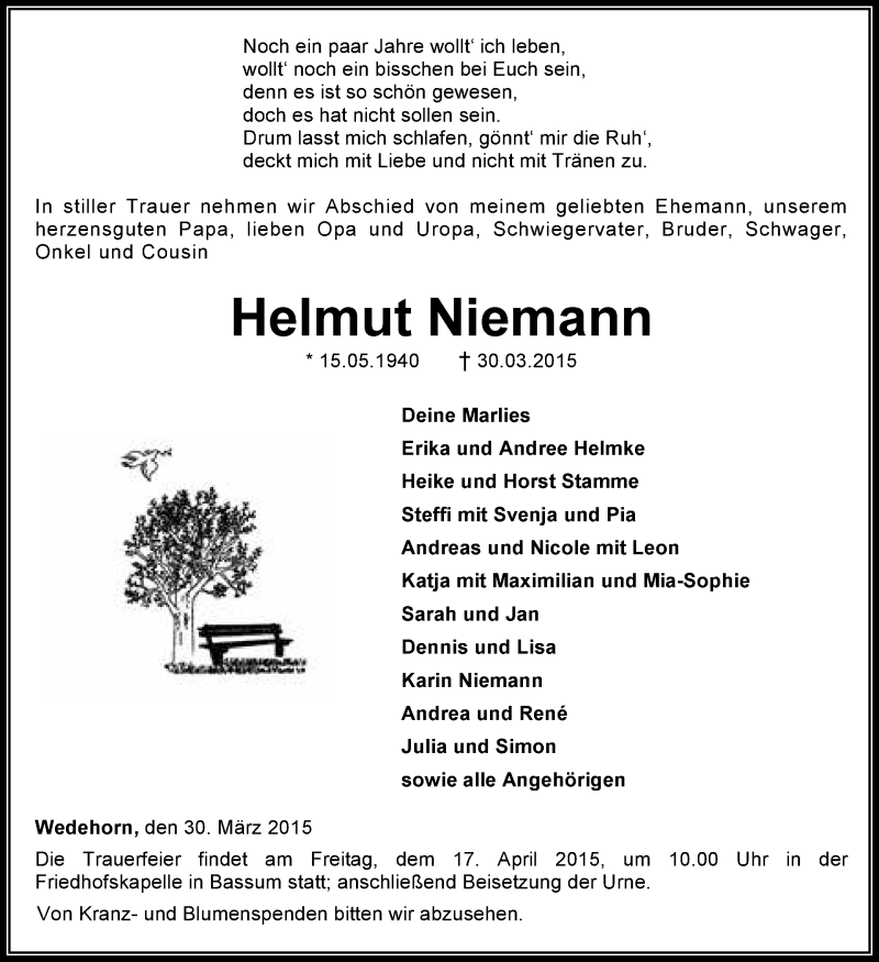  Traueranzeige für Helmut Niemann vom 02.04.2015 aus KRZ