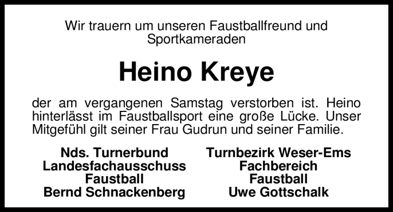  Traueranzeige für Heino Kreye vom 24.11.2009 aus 