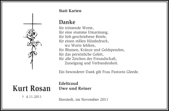 Traueranzeige von Kurt Rosan von KREISZEITUNG SYKE