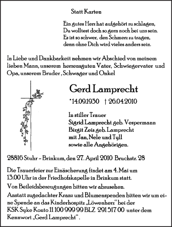 Traueranzeige von Gerd Lamprecht von KREISZEITUNG SYKE