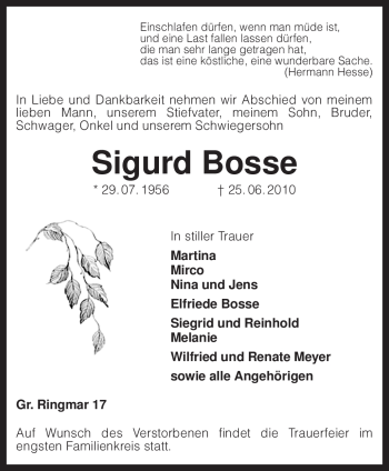 Traueranzeige von Sigurd Bosse von KREISZEITUNG SYKE