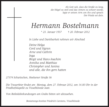 Traueranzeige von Hermann Bostelmann von KREISZEITUNG SYKE