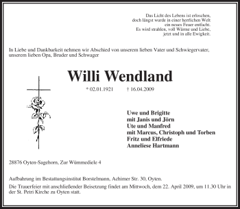 Traueranzeige von Willi Wendland von KREISZEITUNG SYKE