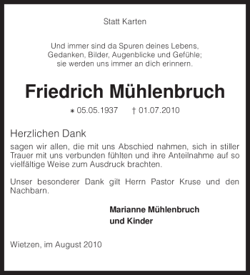 Traueranzeige von Friedrich Mühlenbruch von KREISZEITUNG SYKE