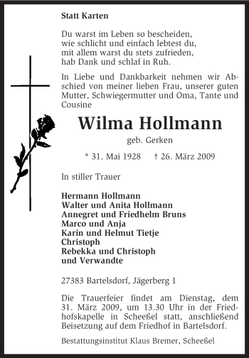 Traueranzeige von Wilma Hollmann von KREISZEITUNG SYKE