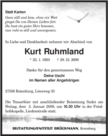 Traueranzeige von Kurt Ruhmland von KREISZEITUNG SYKE