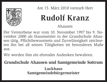 Traueranzeige von Rudolf Kranz von KREISZEITUNG SYKE