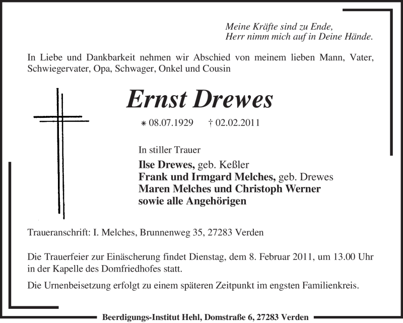  Traueranzeige für Ernst Drewes vom 04.02.2011 aus KREISZEITUNG SYKE